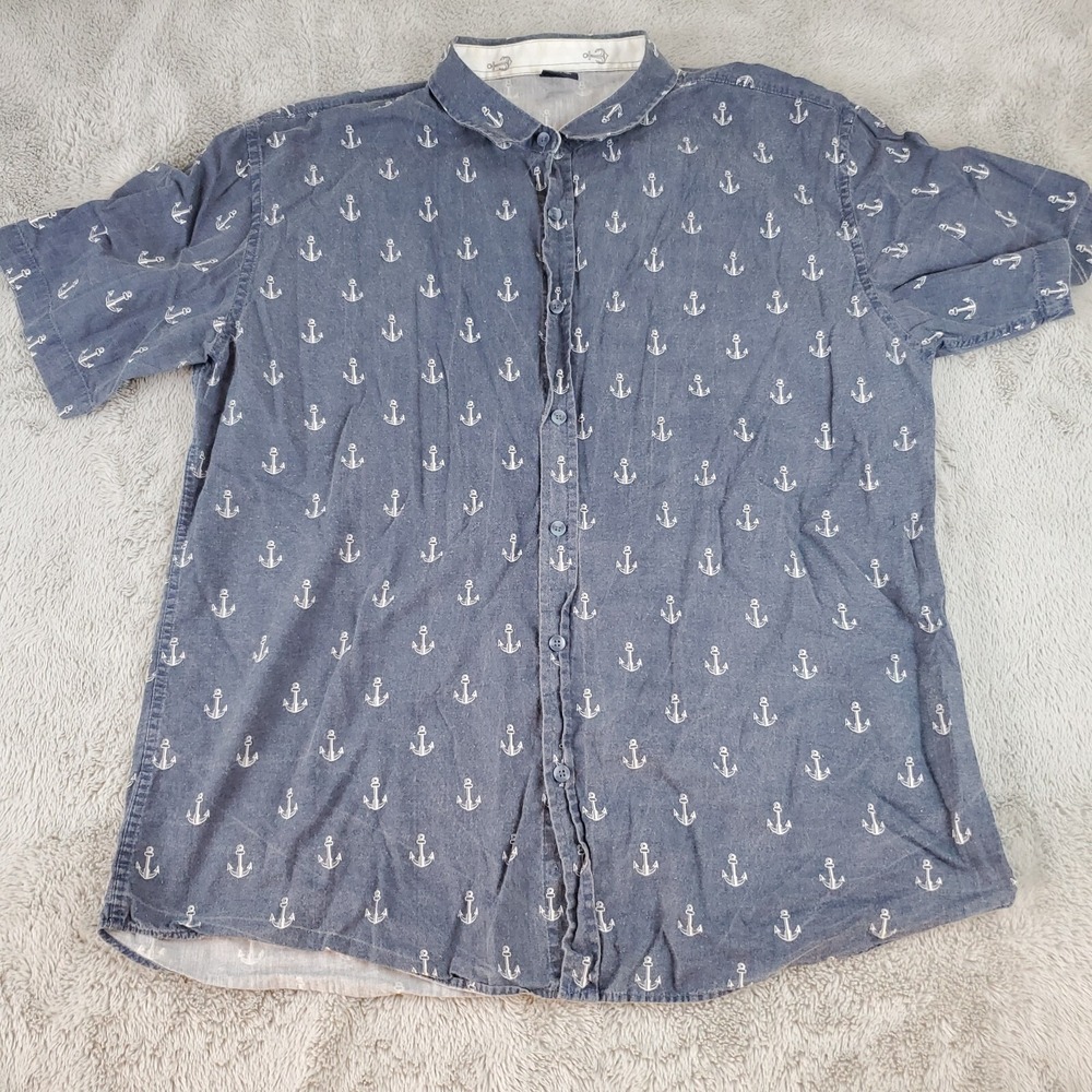 Verdo Linen Cotton Button Down Shirt Mens XL Anchor Print Short Sleeve Blue Top